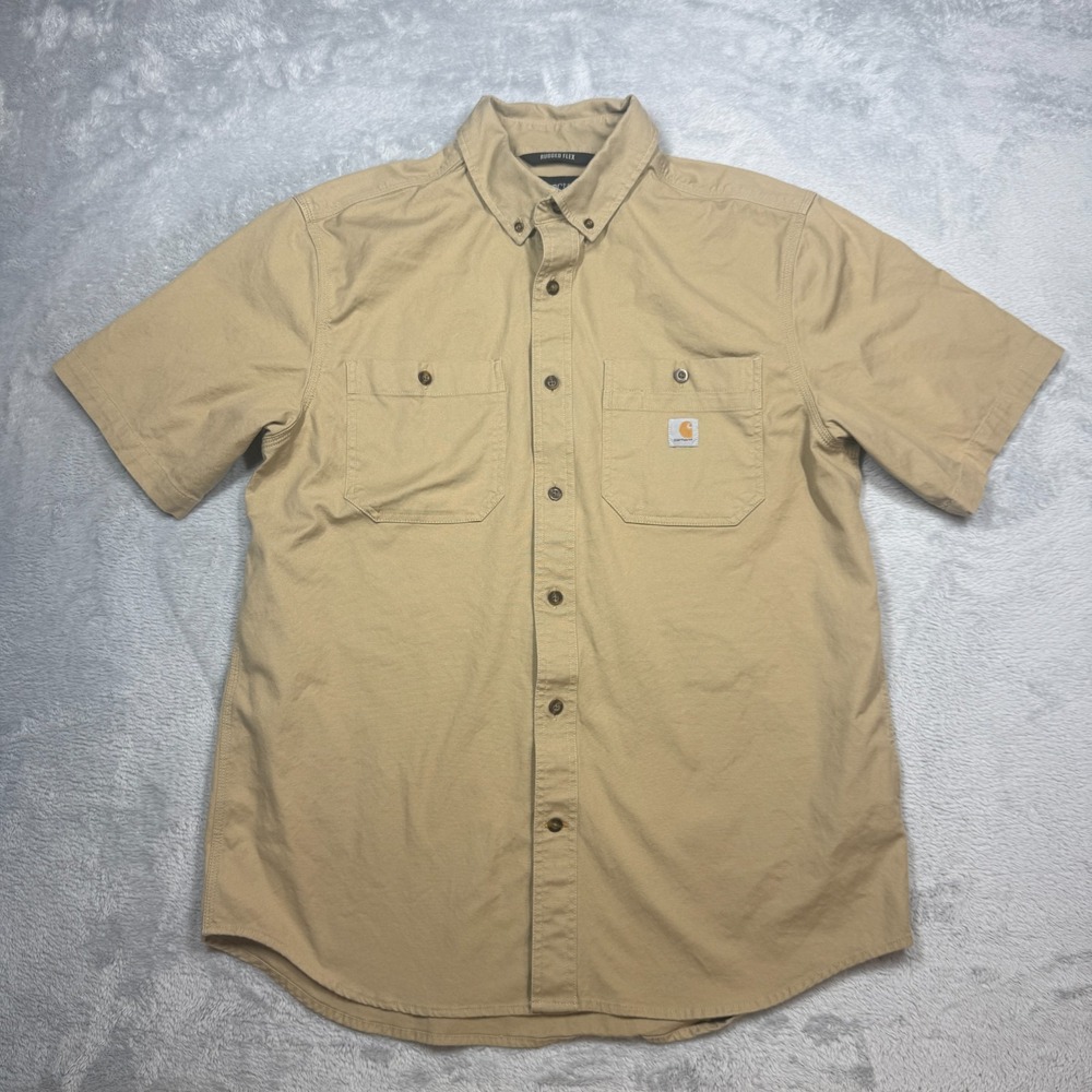 Carhartt Rugged Flex Shirt Large Mens Tan Button Up Short Sleeve Work Relaxed